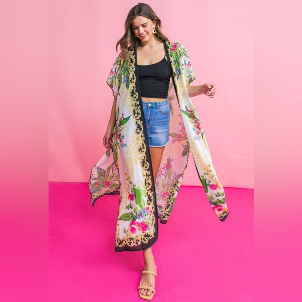 Boho Floral Long Kimono | Tropical Maxi Duster Jacket | Cream Beach Cover-Up - Picture 3 of 5